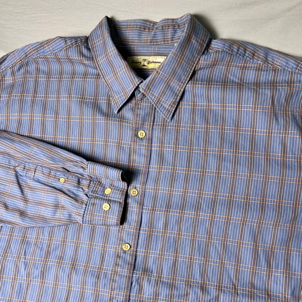 Tommy Bahama Mens XXL Blue Orange Plaid Cotton Long Sleeve Button Down Shirt